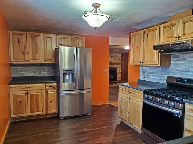 kitchen featuring decorative backsplash, dark wood-type flooring, stainless steel appliances, and a fireplace