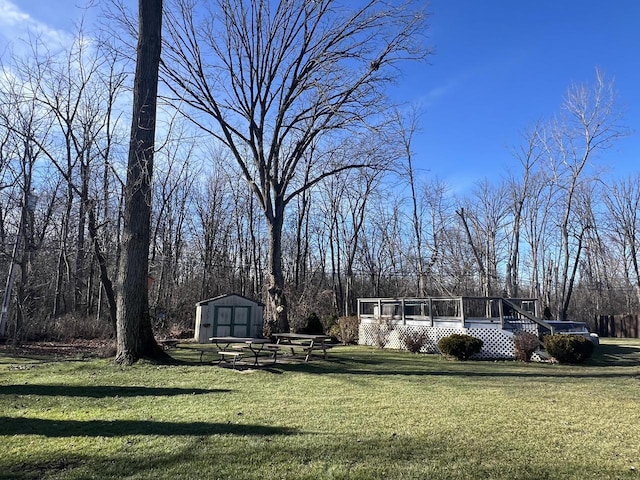 view of yard with a deck and a storage shed