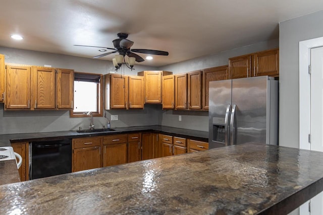 kitchen with ceiling fan, sink, dishwasher, and stainless steel fridge with ice dispenser