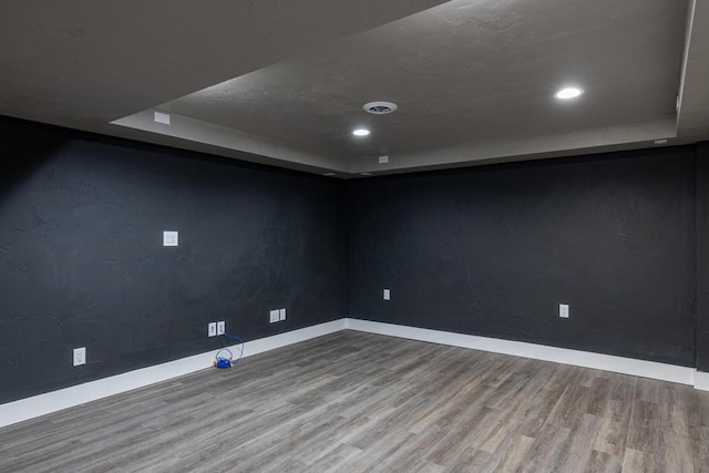 spare room with a raised ceiling and hardwood / wood-style flooring