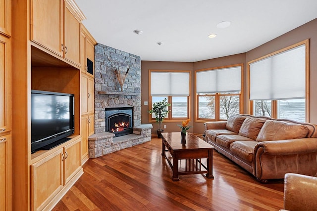 living room featuring hardwood / wood-style floors, a wealth of natural light, and a fireplace