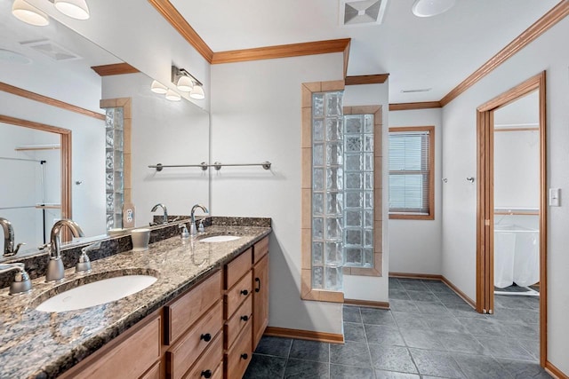 bathroom featuring vanity, a shower, and ornamental molding