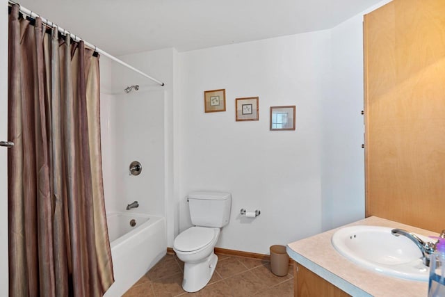 full bathroom with toilet, tile patterned floors, vanity, and shower / tub combo with curtain