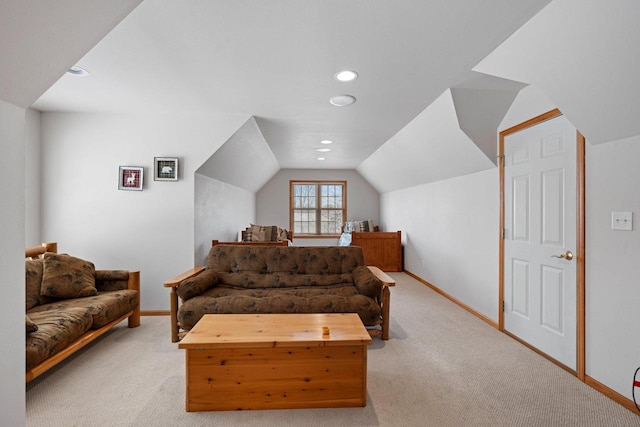 living room with light carpet and vaulted ceiling