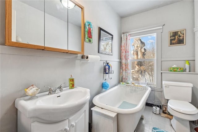 bathroom featuring a tub, toilet, and vanity