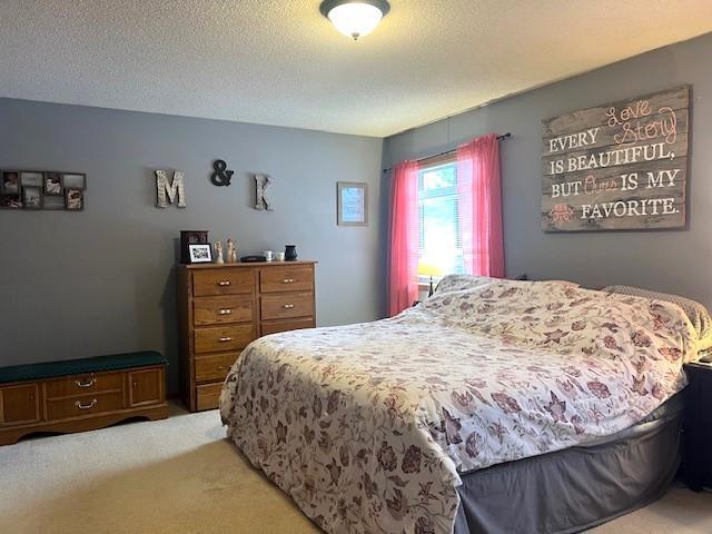 carpeted bedroom with a textured ceiling