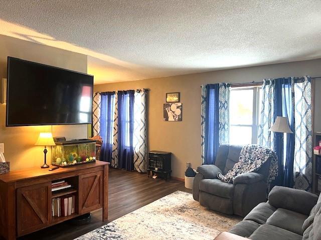 living room featuring a textured ceiling and dark hardwood / wood-style floors