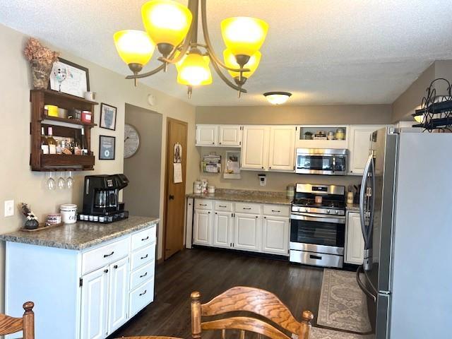 kitchen featuring stainless steel appliances, dark hardwood / wood-style floors, a textured ceiling, a chandelier, and white cabinets