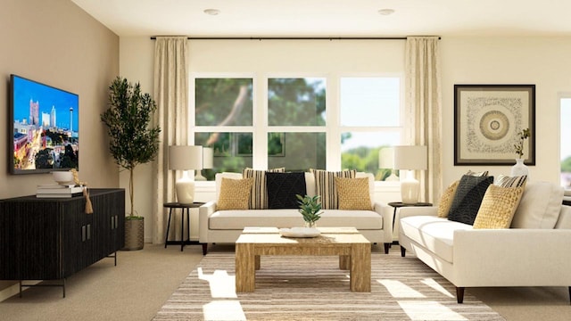 living room featuring light colored carpet