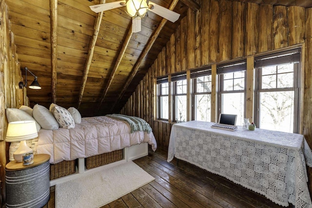 bedroom with dark wood-type flooring, vaulted ceiling with beams, wood walls, wooden ceiling, and ceiling fan