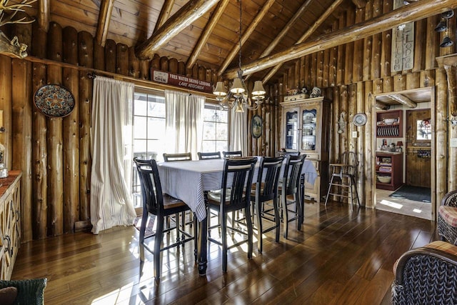 dining space featuring an inviting chandelier, high vaulted ceiling, wooden ceiling, dark hardwood / wood-style flooring, and beam ceiling