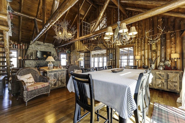 dining area with dark hardwood / wood-style floors, beam ceiling, a chandelier, and wooden ceiling