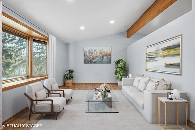 living room with lofted ceiling with beams and light wood-type flooring