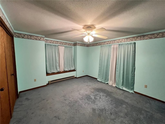 unfurnished bedroom with a textured ceiling, baseboard heating, carpet flooring, and ceiling fan