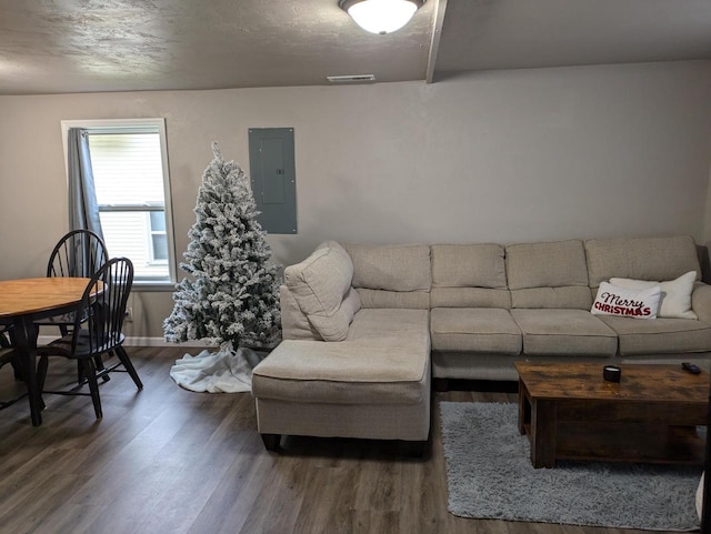 living room with dark wood-type flooring and electric panel