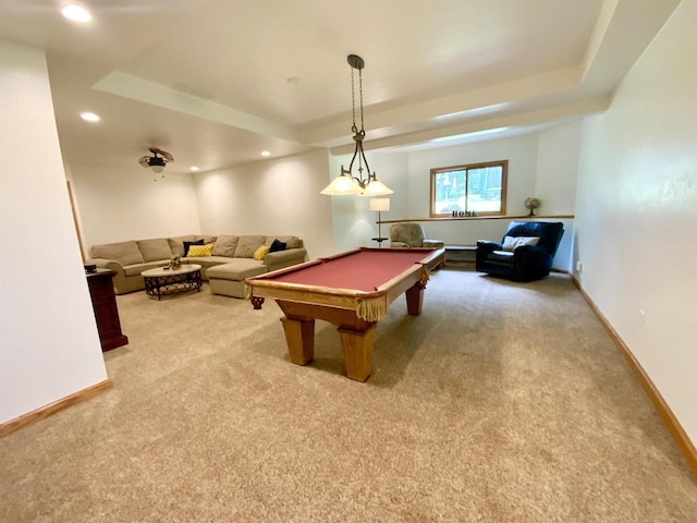 playroom featuring light colored carpet, billiards, and a raised ceiling