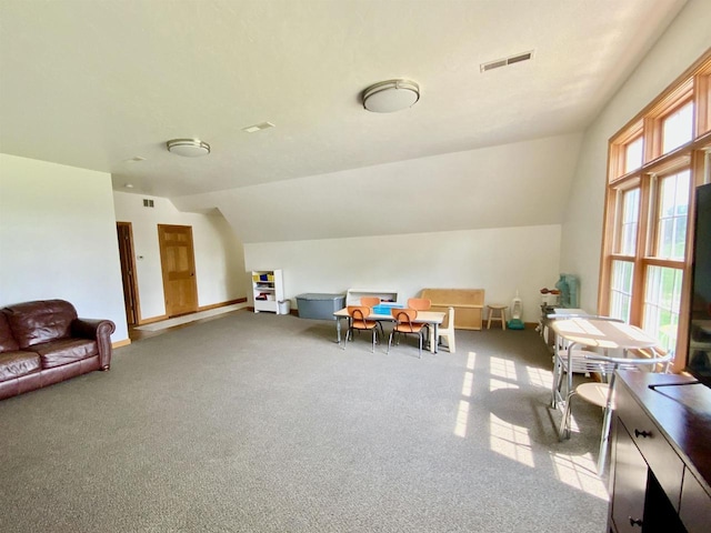 game room with light carpet and lofted ceiling