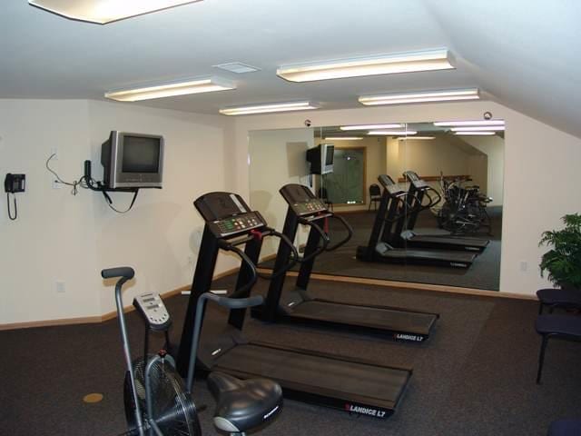 exercise room with vaulted ceiling