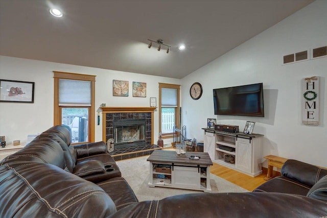 living room featuring lofted ceiling, light wood-type flooring, a fireplace, and track lighting