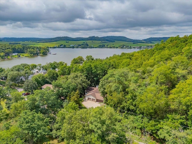 birds eye view of property featuring a water and mountain view