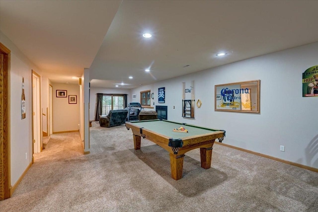 recreation room featuring light colored carpet and pool table