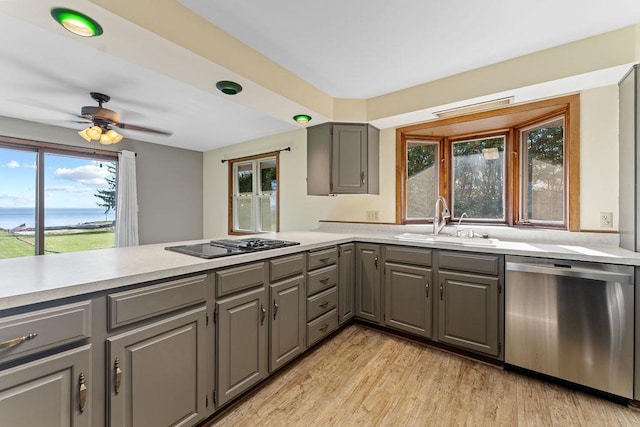 kitchen with light hardwood / wood-style floors, gray cabinetry, sink, dishwasher, and black cooktop