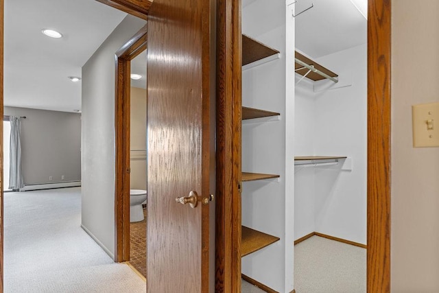 interior space featuring light colored carpet and a baseboard radiator