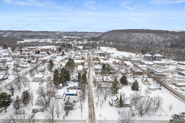 snowy aerial view with a mountain view