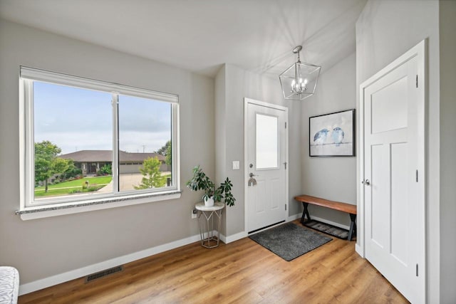 entrance foyer featuring hardwood / wood-style flooring, a chandelier, and plenty of natural light