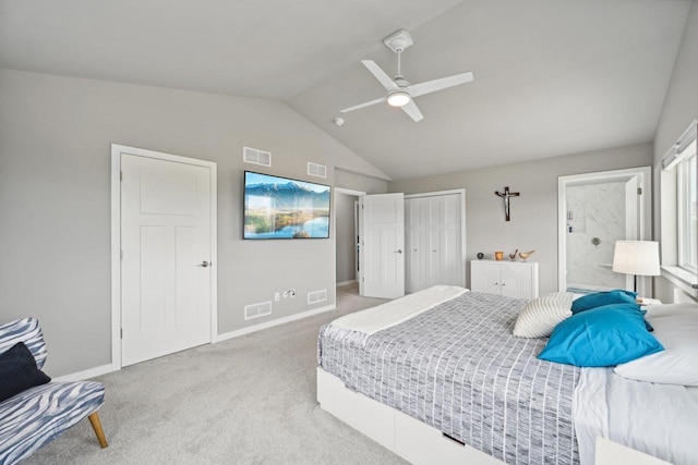 bedroom featuring vaulted ceiling, ceiling fan, and carpet flooring