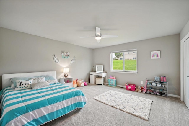 bedroom featuring ceiling fan and carpet flooring