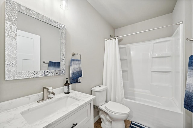 full bathroom featuring toilet, vanity, and shower / bathtub combination with curtain