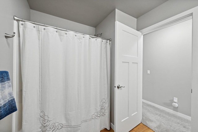 bathroom with hardwood / wood-style flooring