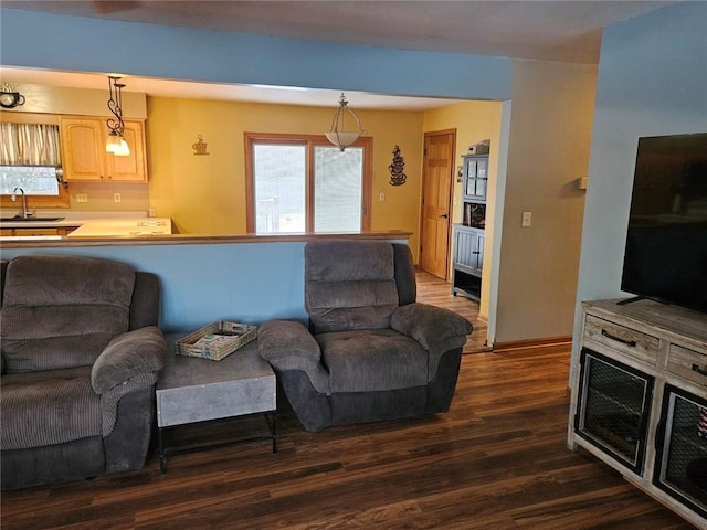 living room with dark wood-type flooring and sink