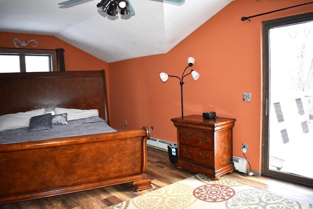 bedroom featuring ceiling fan, multiple windows, and wood-type flooring