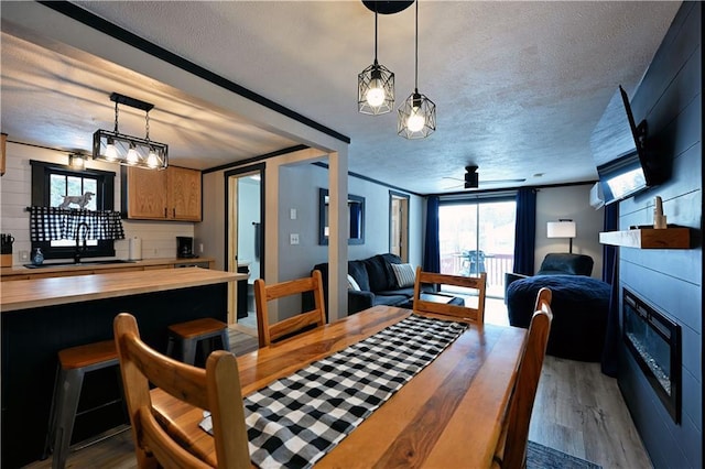 dining room featuring ceiling fan, sink, crown molding, hardwood / wood-style flooring, and a textured ceiling