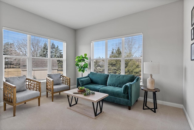 living room featuring light carpet