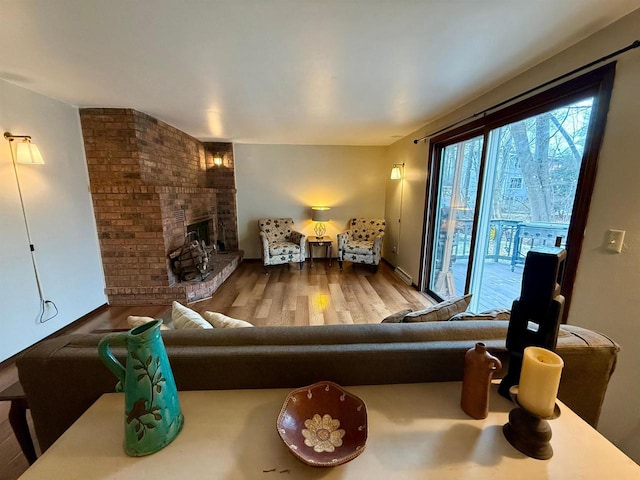 living room with a fireplace and hardwood / wood-style floors