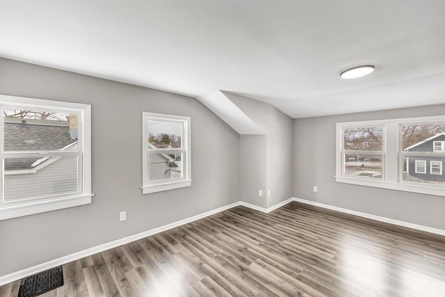 additional living space with a healthy amount of sunlight, vaulted ceiling, and hardwood / wood-style floors