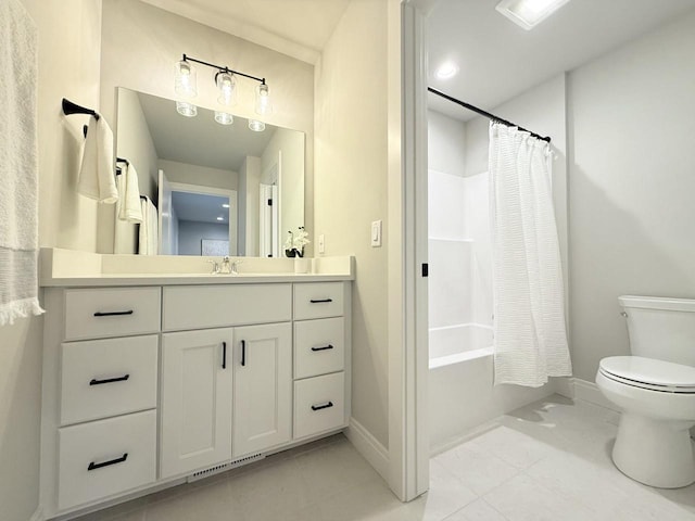 full bathroom with toilet, shower / bath combination with curtain, and vanity