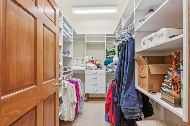 walk in closet featuring light colored carpet