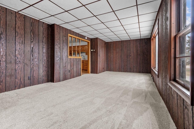 carpeted spare room with wood walls