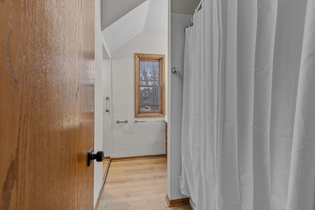 bathroom with hardwood / wood-style floors