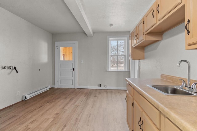 kitchen featuring a baseboard heating unit, light hardwood / wood-style floors, sink, beamed ceiling, and a textured ceiling