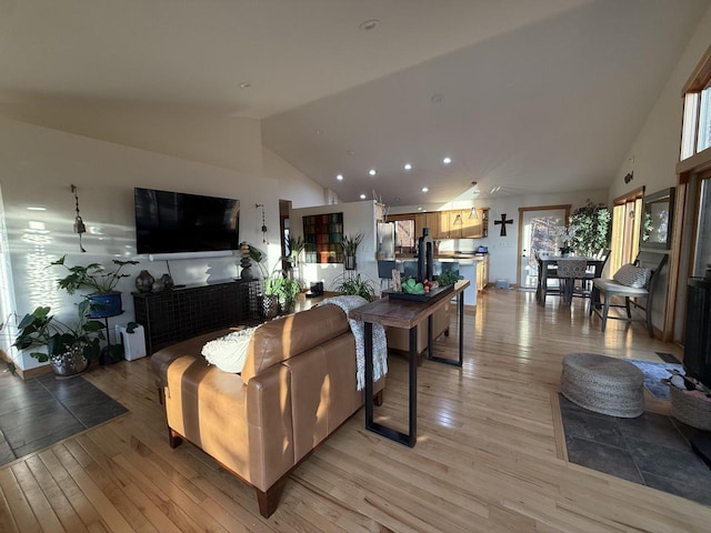 living room featuring lofted ceiling and light hardwood / wood-style floors