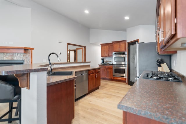 kitchen with a kitchen bar, appliances with stainless steel finishes, a fireplace, light hardwood / wood-style flooring, and sink