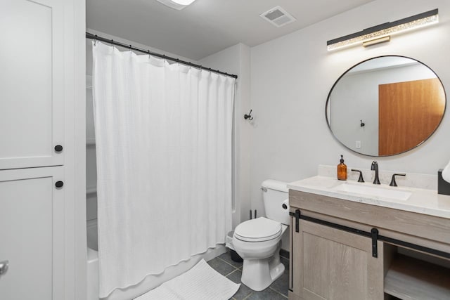 full bathroom with tile patterned floors, toilet, vanity, and shower / tub combo with curtain