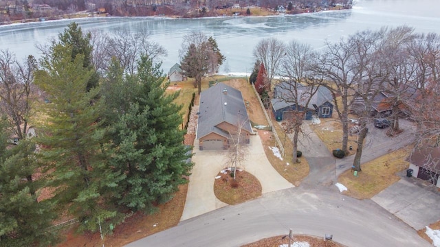 aerial view featuring a water view