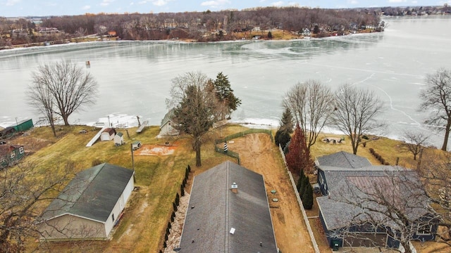 aerial view featuring a water view