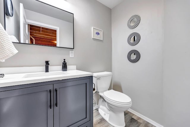 bathroom with toilet, hardwood / wood-style floors, and vanity